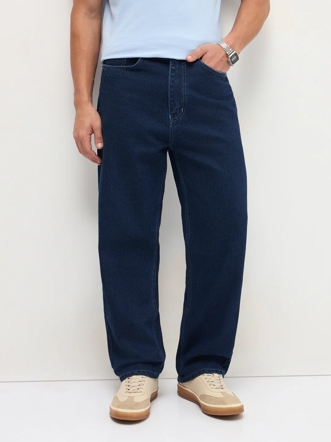 Men's Blue Loose Baggy Fit Raw Washed Denim Jeans Non-Stretchable - Image 2