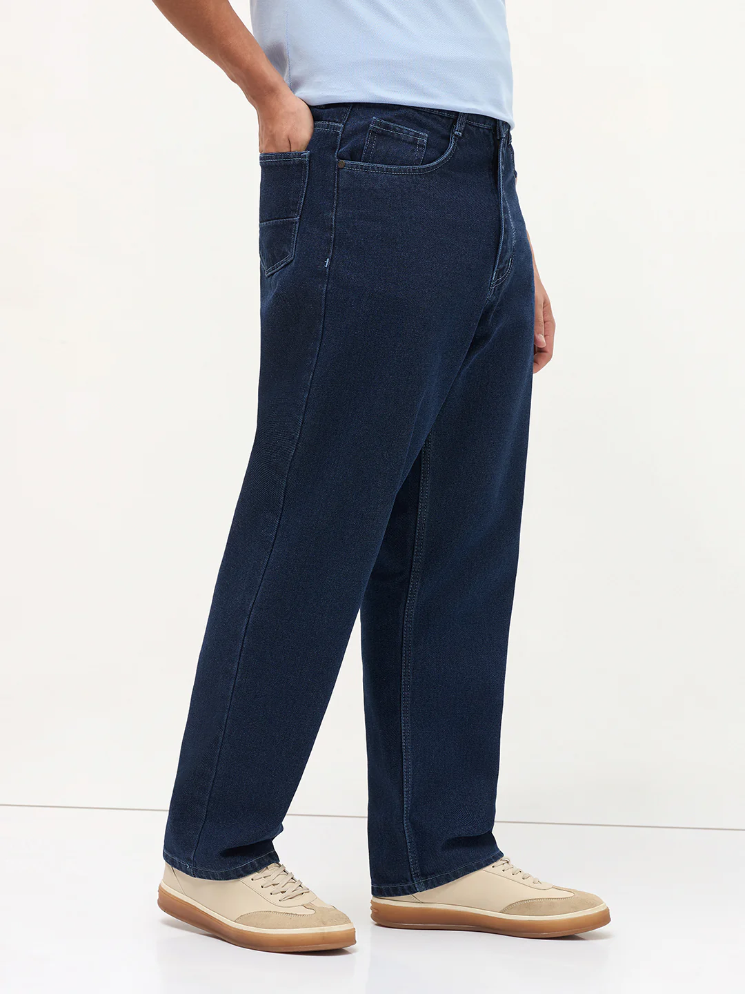 Men's Blue Loose Baggy Fit Raw Washed Denim Jeans Non-Stretchable - Image 3