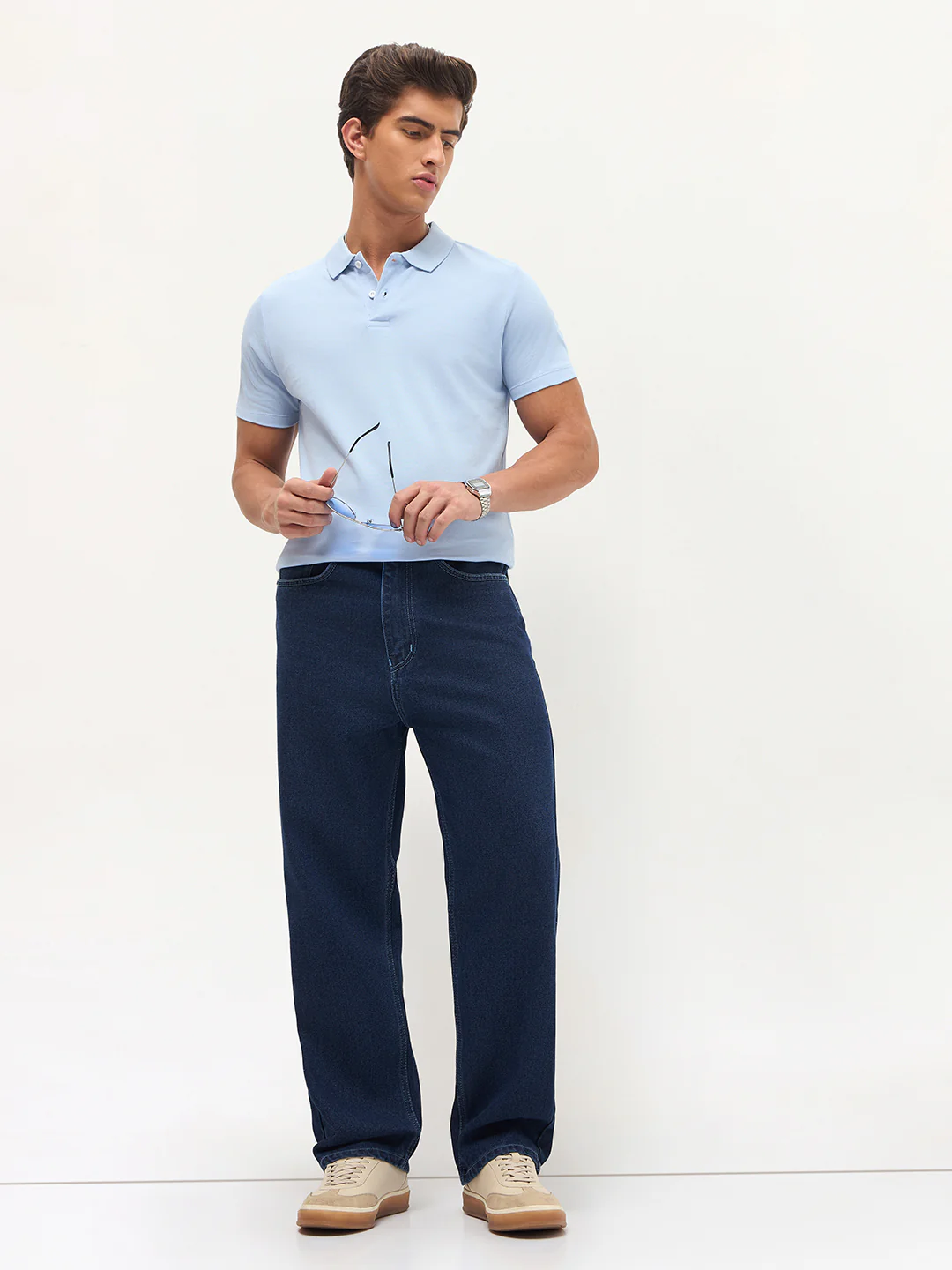 Men's Blue Loose Baggy Fit Raw Washed Denim Jeans Non-Stretchable - Image 5