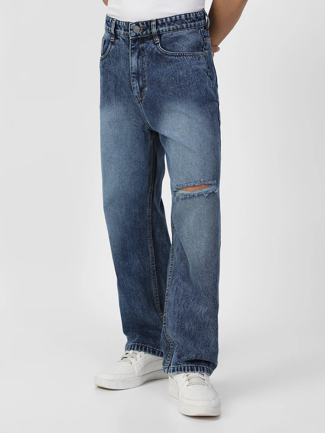 Men's Blue Loose Baggy Fit Washed Distressed/Torn Jeans Non-Stretchable - Image 2
