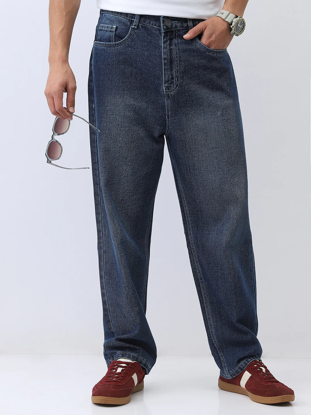 Men's Blue Loose Baggy Fit Washed Jeans Non-Stretchable - Image 2