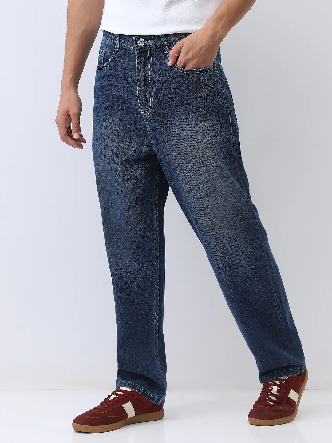 Men's Blue Loose Baggy Fit Washed Jeans Non-Stretchable - Image 3