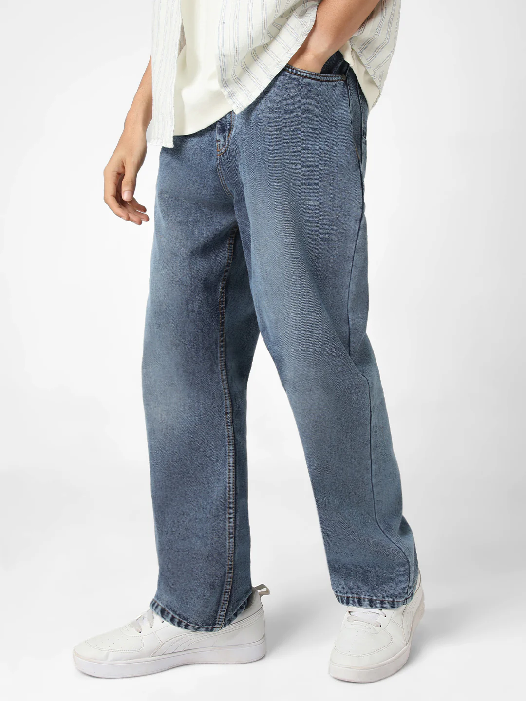 Men's Blue Loose Baggy Fit Washed Jeans Non-Stretchable - Image 2