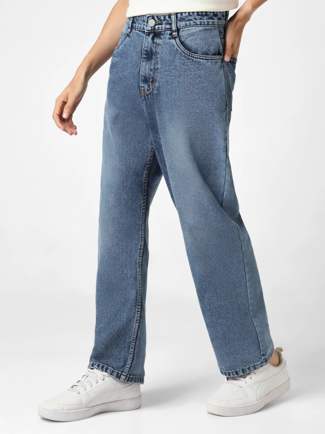 Men's Blue Loose Baggy Fit Washed Jeans Non-Stretchable - Image 3