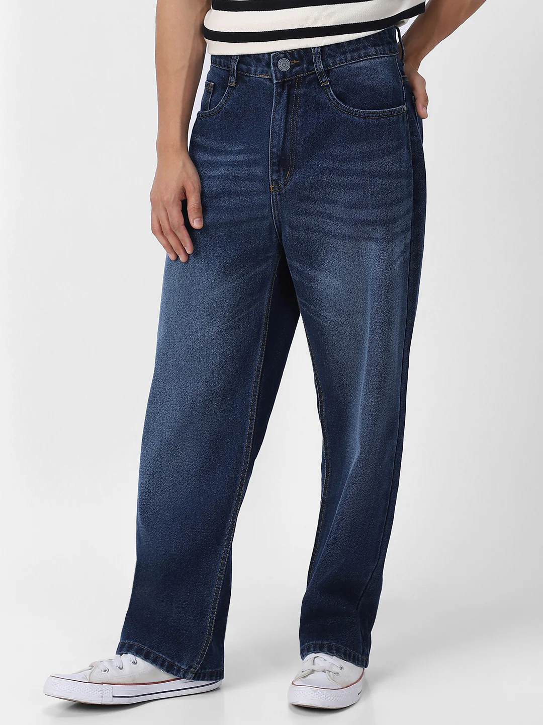 Men's Blue Loose Baggy Fit Washed Jeans Non-Stretchable - Image 2