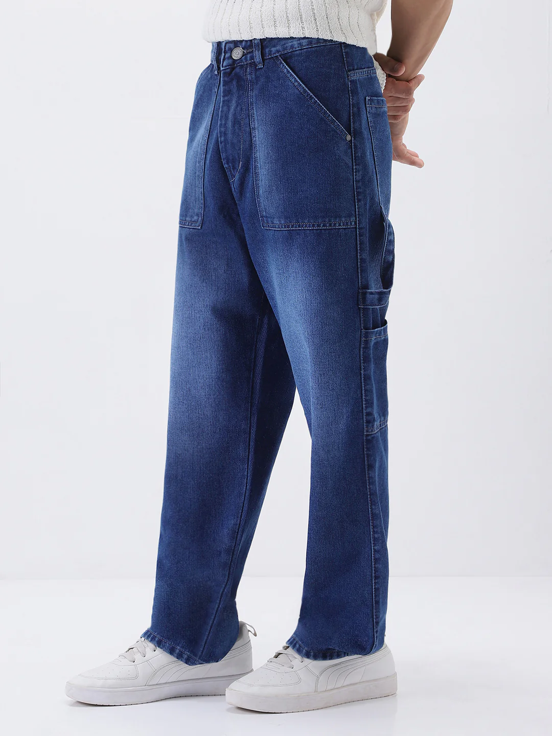 Men's Blue Loose Fit Cargo Carpenter Jeans With 6 Pockets Non-Stretchable - Image 2