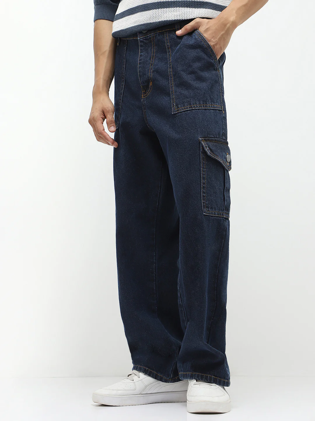 Men's Blue Loose Fit Cargo Jeans with 6 Pockets Non-Stretchable - Image 2