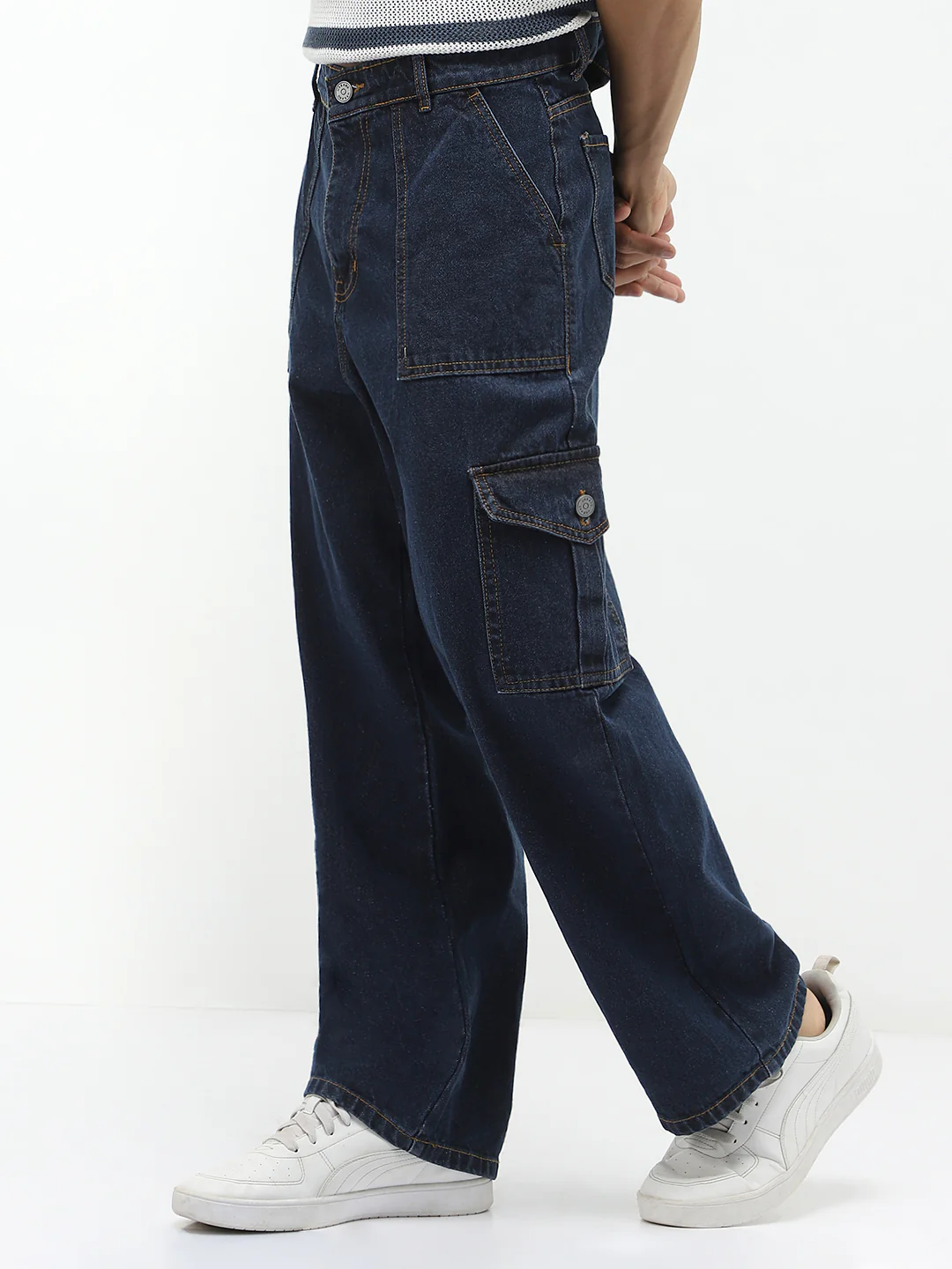 Men's Blue Loose Fit Cargo Jeans with 6 Pockets Non-Stretchable - Image 3