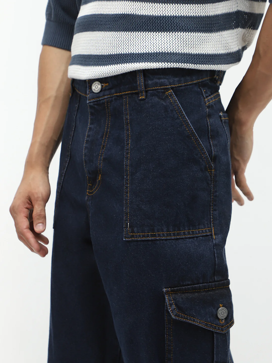 Men's Blue Loose Fit Cargo Jeans with 6 Pockets Non-Stretchable - Image 7