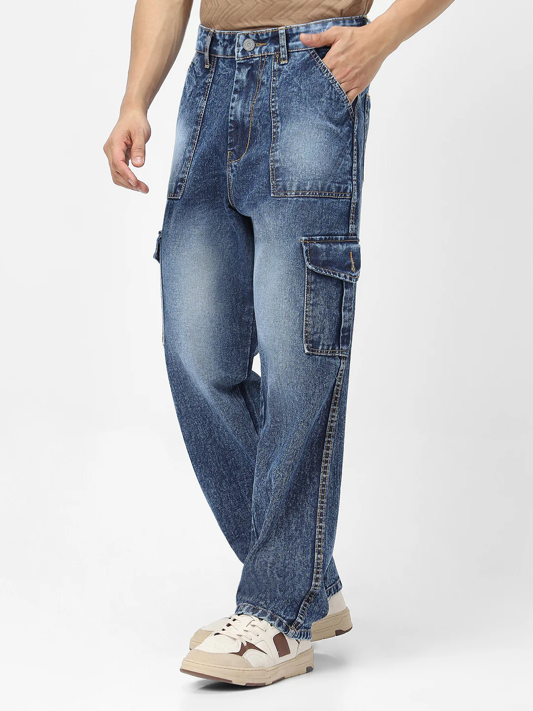 Men's Blue Loose Baggy Fit Washed Cargo Jeans with 6 Pockets Non-Stretchable - Image 2