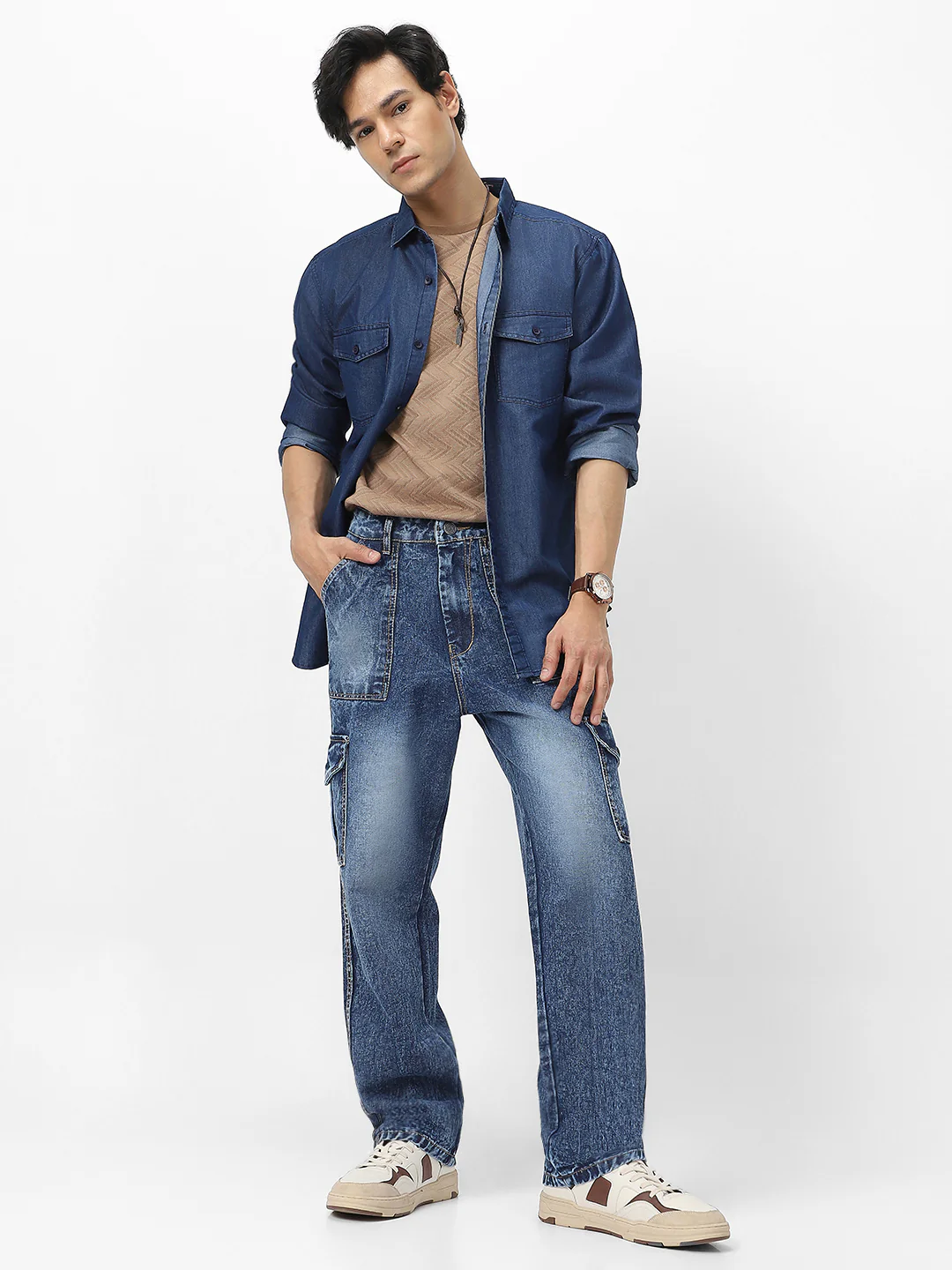Men's Blue Loose Baggy Fit Washed Cargo Jeans with 6 Pockets Non-Stretchable - Image 4