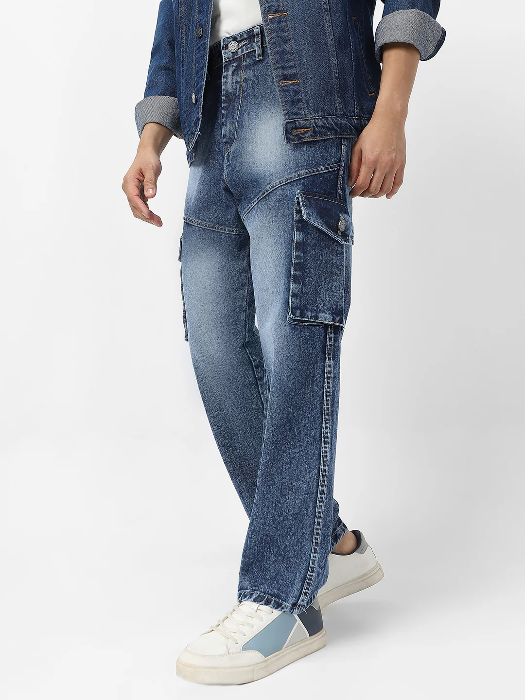 Men's Blue Loose Baggy Fit Washed Cargo Jeans with 7 Pockets Non-Stretchable - Image 3