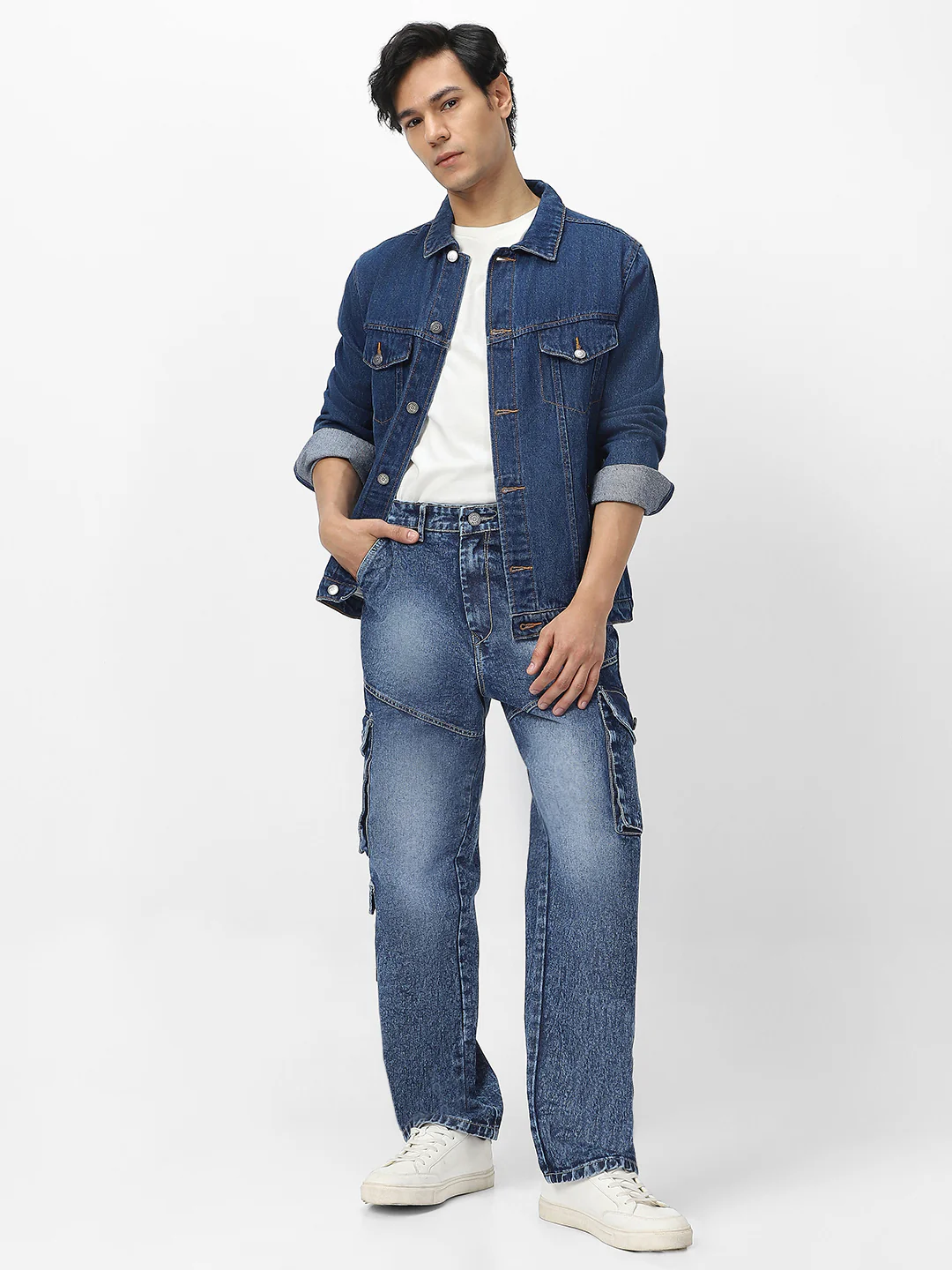 Men's Blue Loose Baggy Fit Washed Cargo Jeans with 7 Pockets Non-Stretchable - Image 5