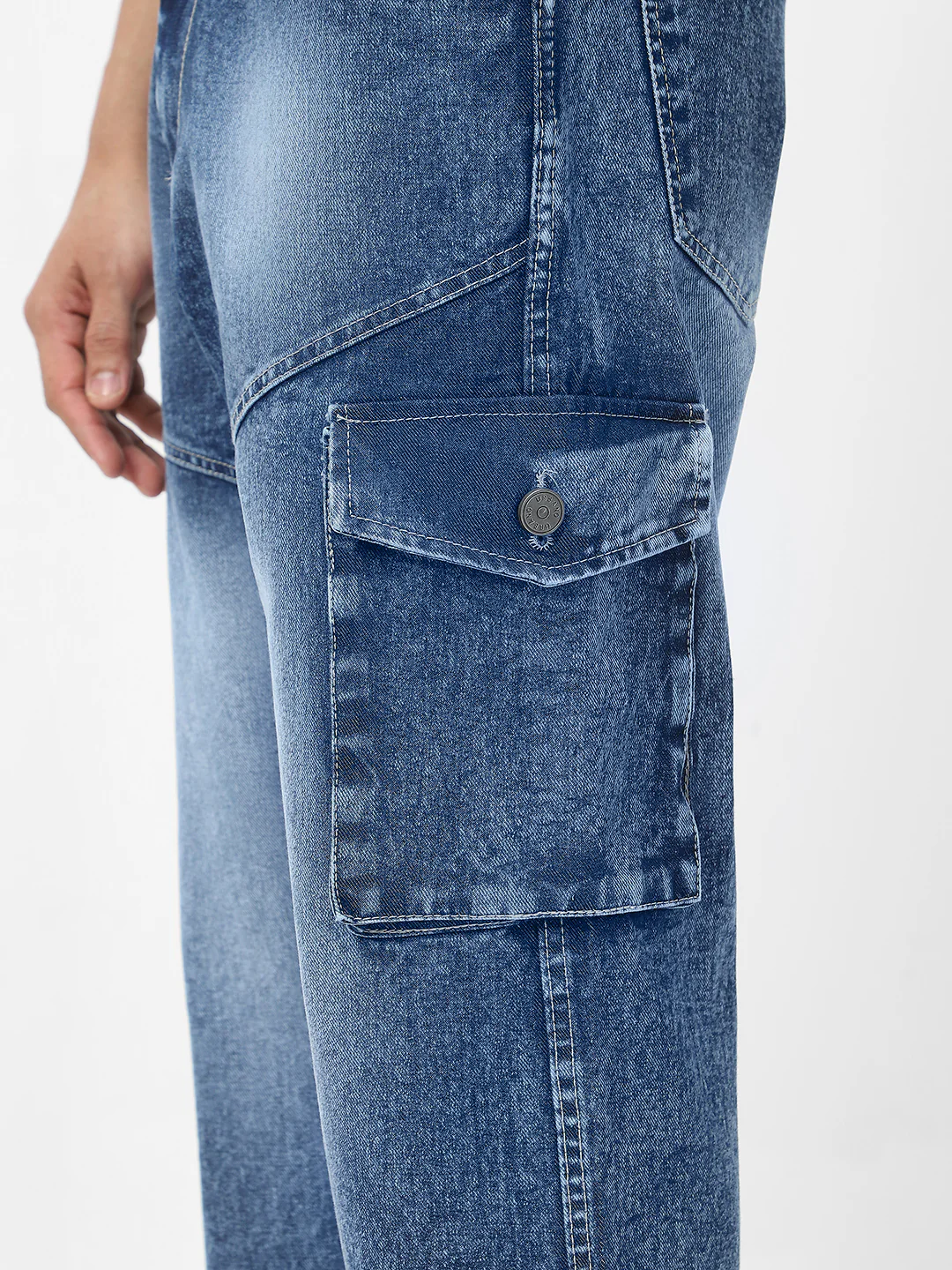 Men's Blue Loose Baggy Fit Washed Cargo Jeans with 7 Pockets Non-Stretchable - Image 6