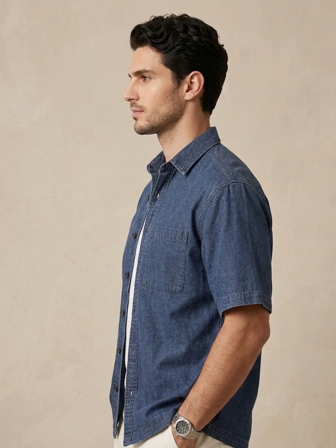 Men's Blue Oversized Fit Half Sleeve Solid Casual Denim Shirt - Image 2