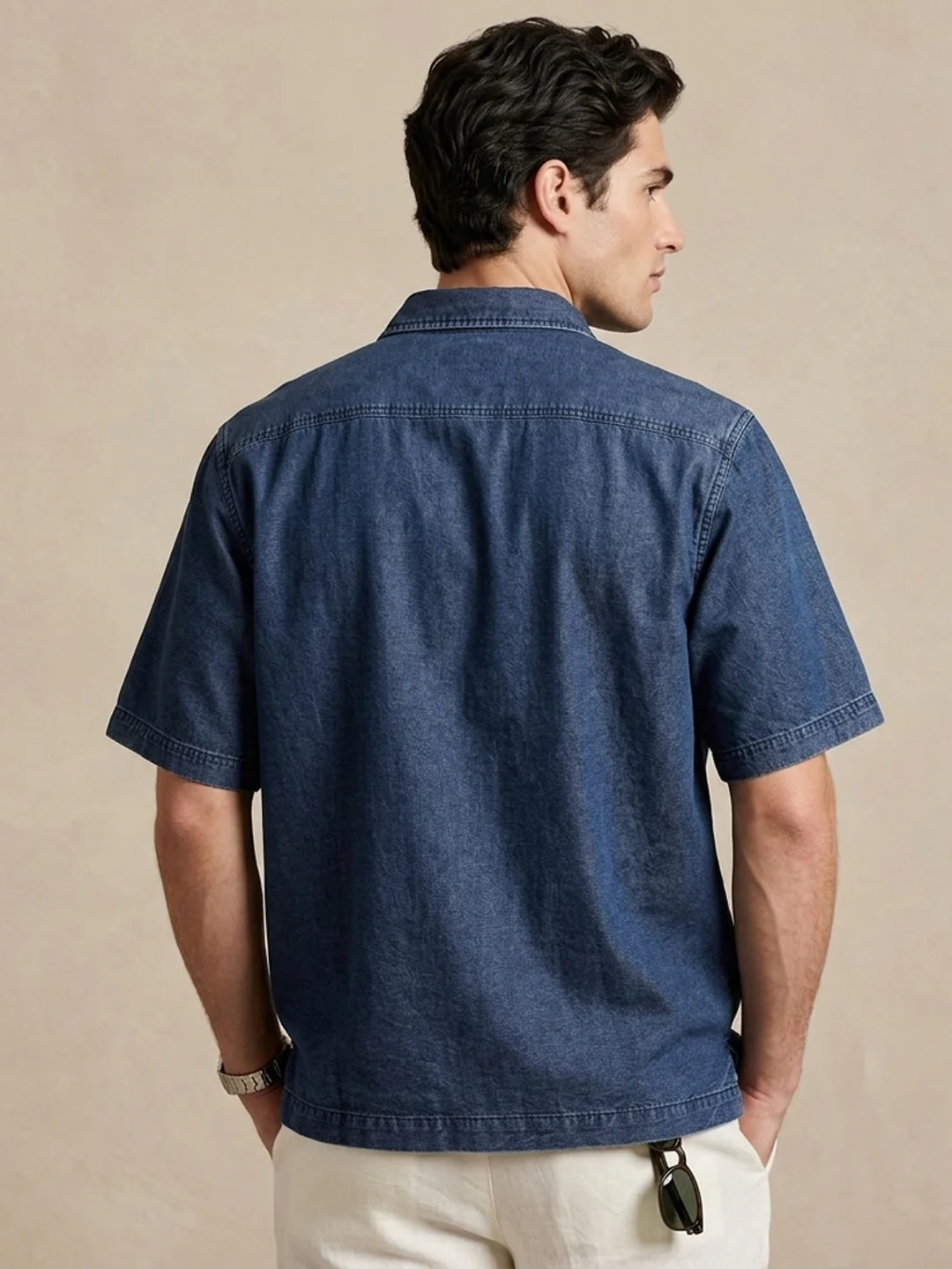 Men's Blue Oversized Fit Half Sleeve Solid Casual Denim Shirt - Image 3