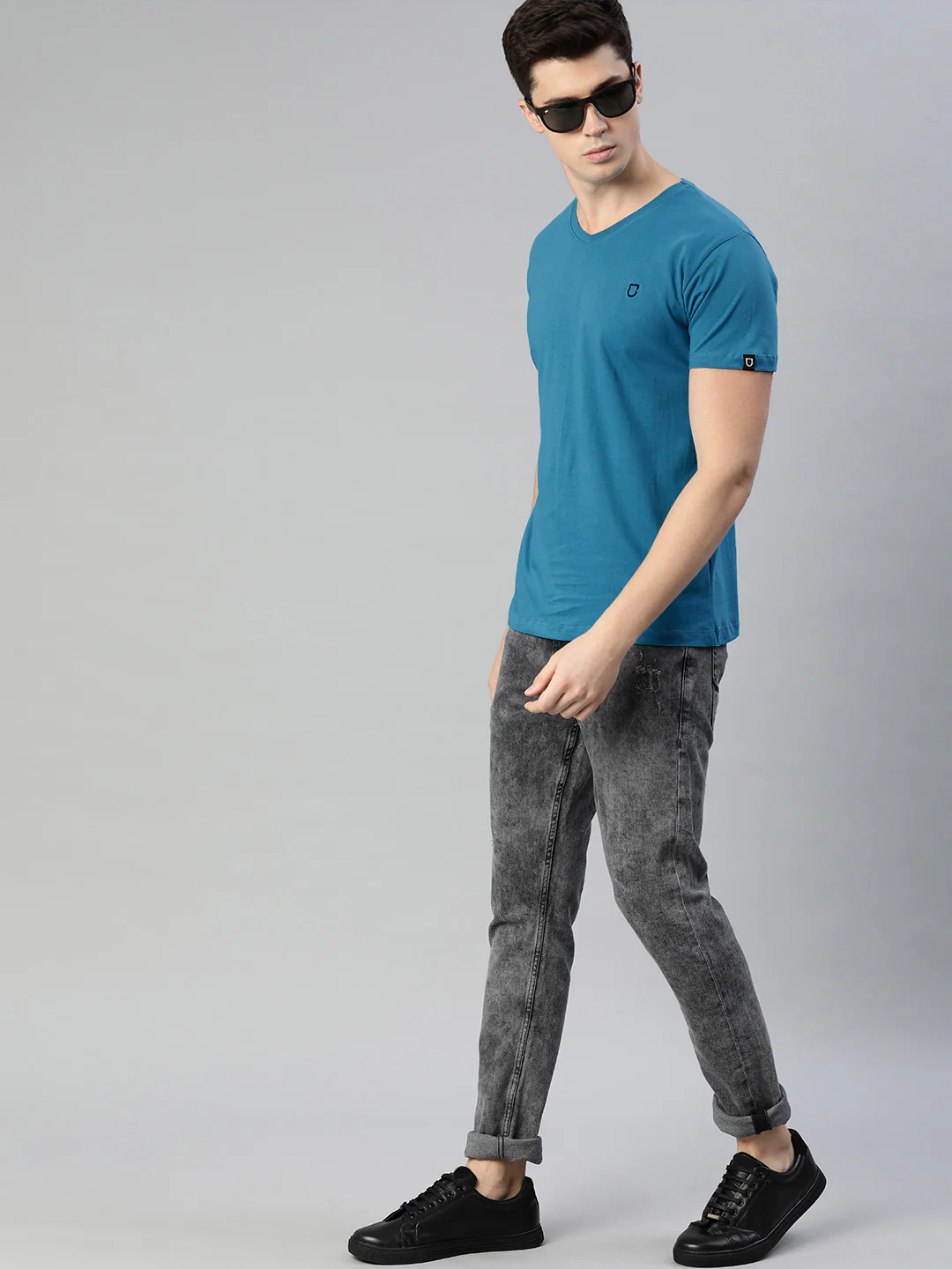 Men's Blue Printed Full Sleeve Slim Fit Cotton T-Shirt - Image 4