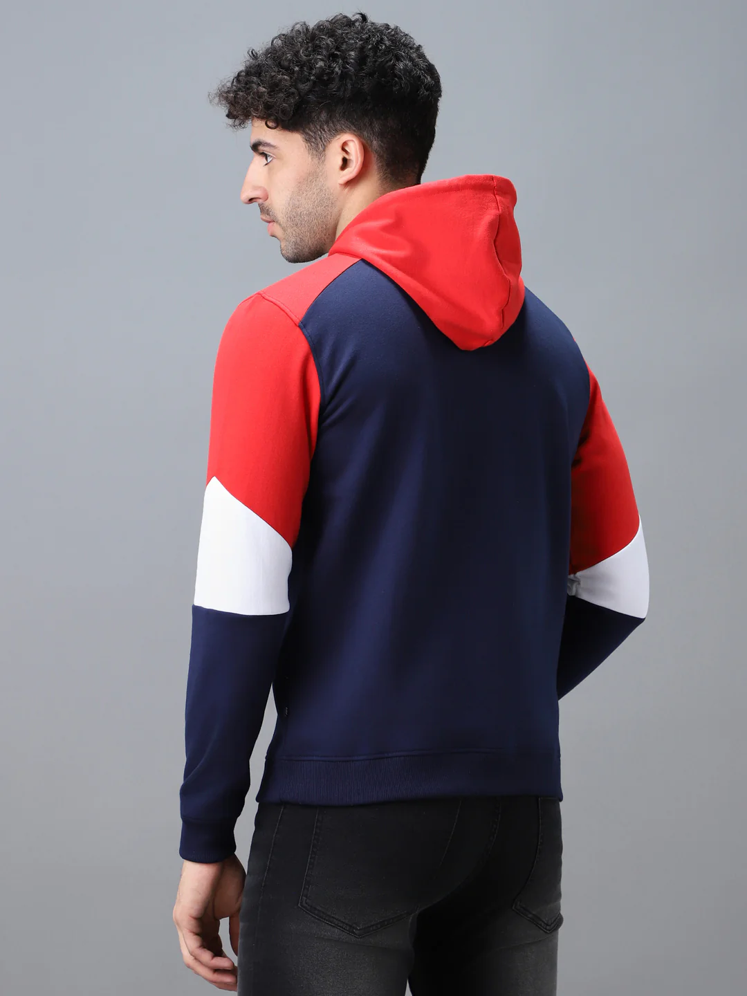 Men's Blue, Red Cotton Color Block Hooded Neck Sweatshirt - Image 3
