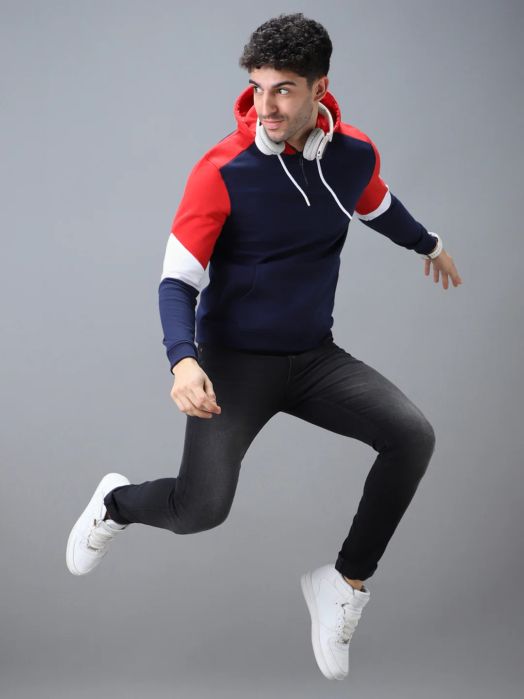 Men's Blue, Red Cotton Color Block Hooded Neck Sweatshirt - Image 4