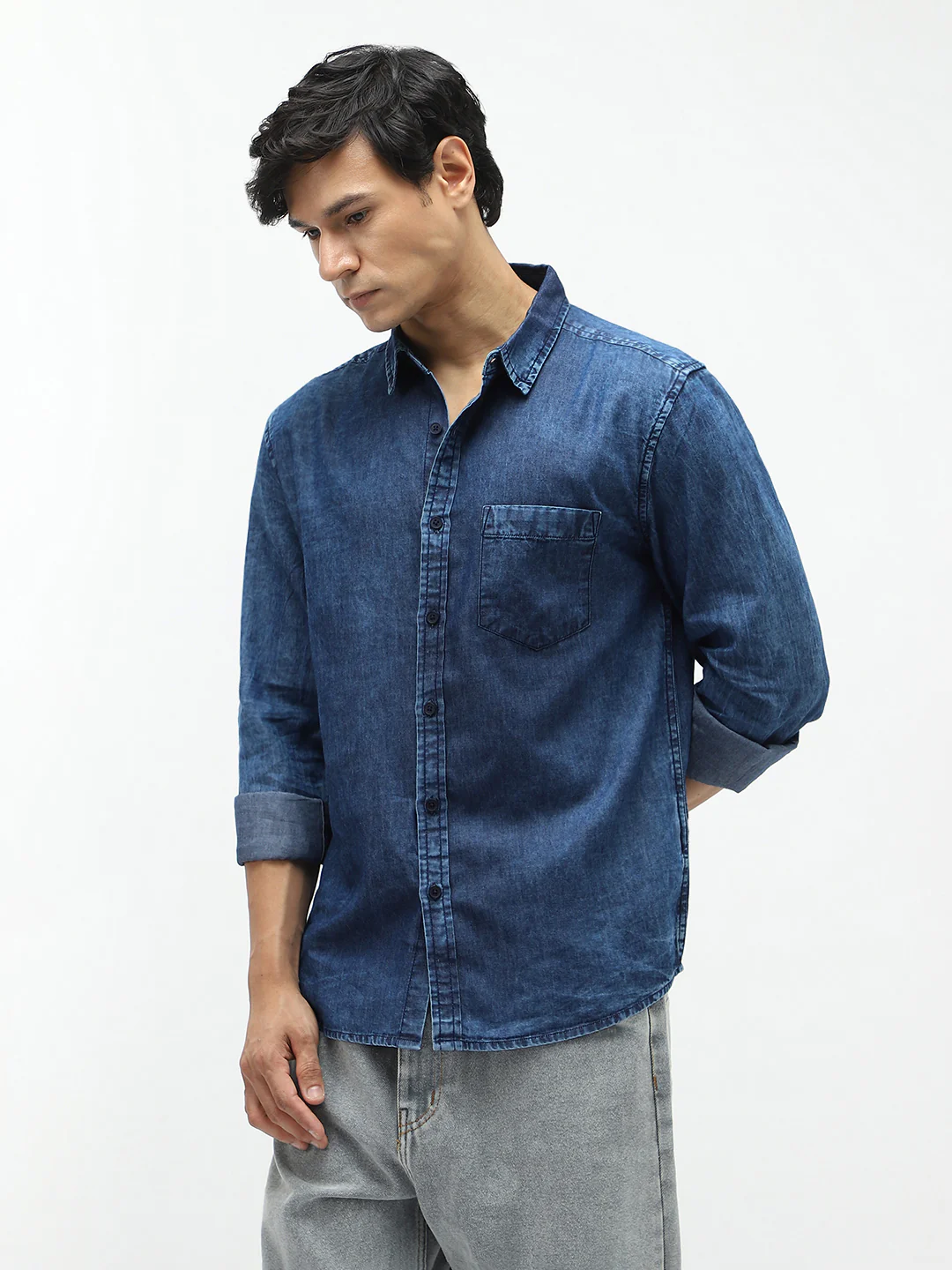 Men's Blue Regular Fit Full Sleeve Washed Denim Shirt