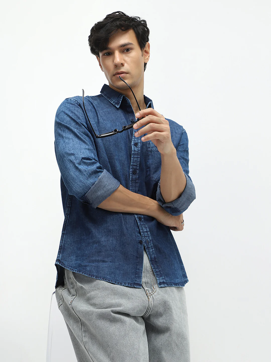 Men's Blue Regular Fit Full Sleeve Washed Denim Shirt - Image 2