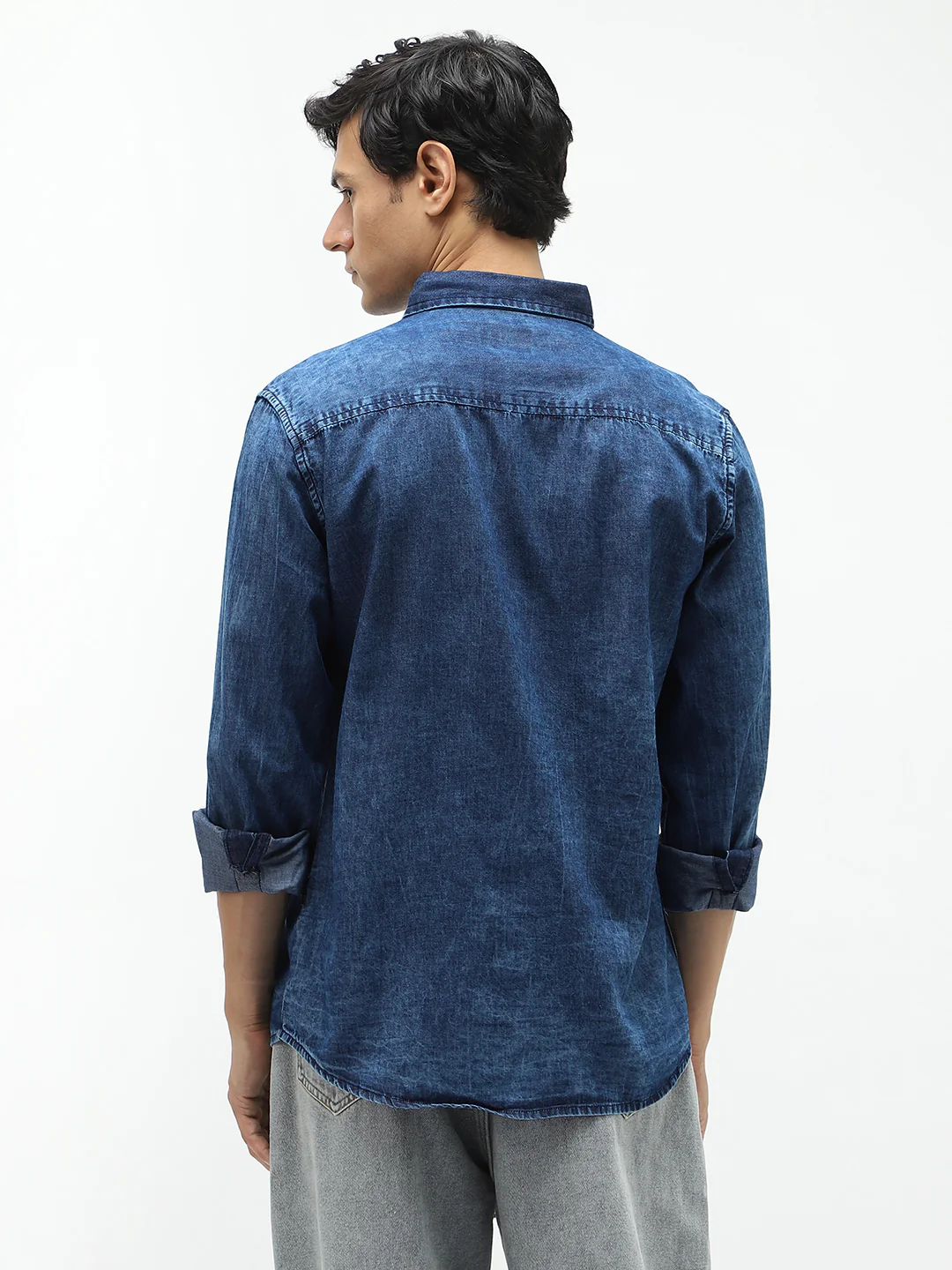 Men's Blue Regular Fit Full Sleeve Washed Denim Shirt - Image 3