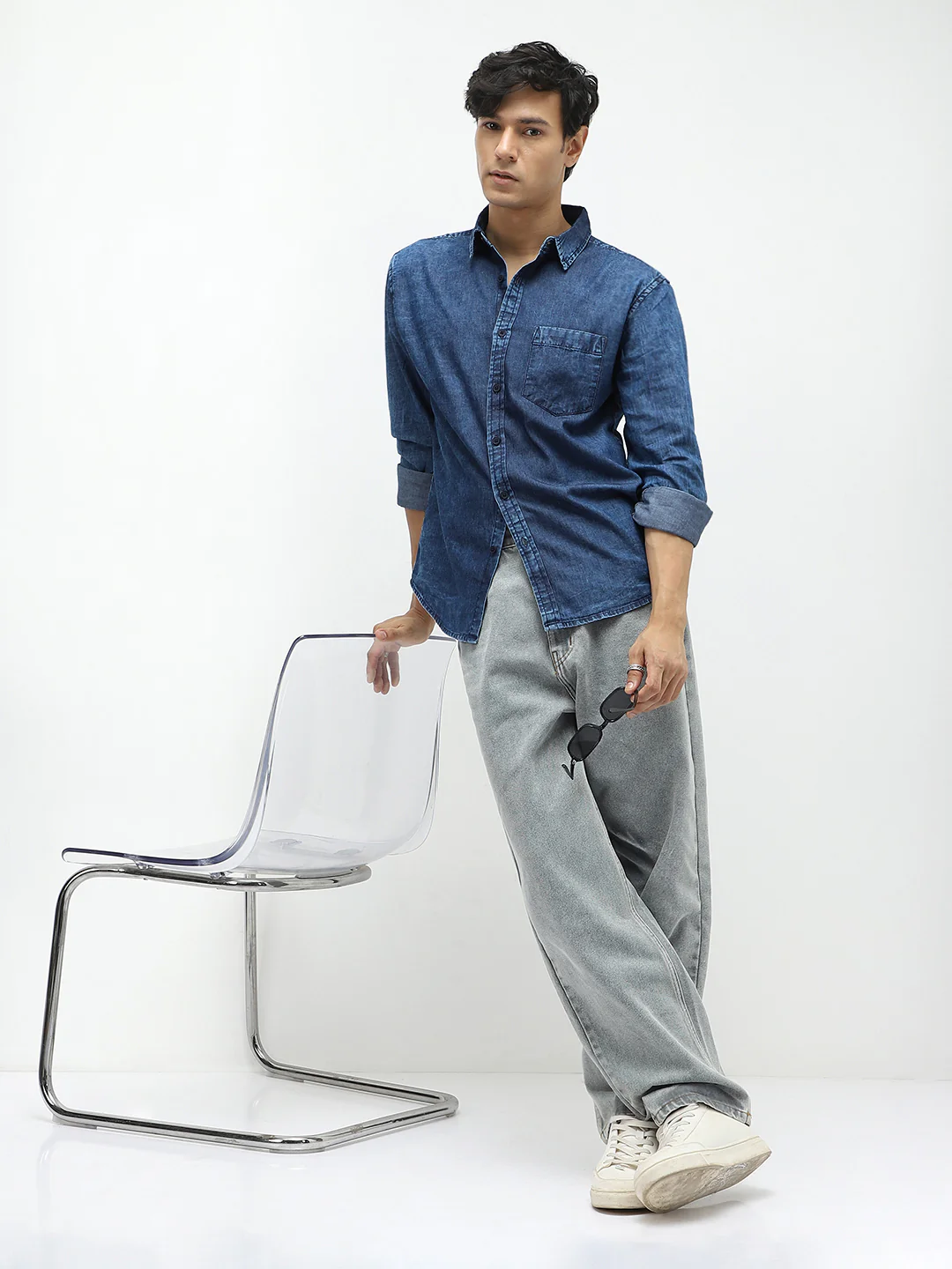 Men's Blue Regular Fit Full Sleeve Washed Denim Shirt - Image 4