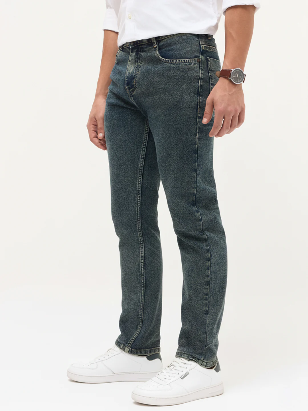 Men's Blue Regular Fit Towel Washed Yellow Tint Denim Jeans Stretchable - Image 3