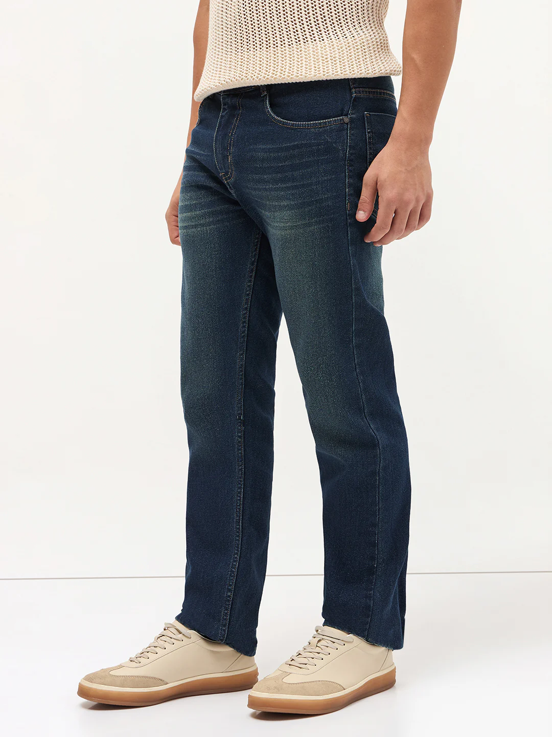 Men's Blue Regular Fit Whisker Wash Yellow Tint Denim Jeans Stretchable - Image 3