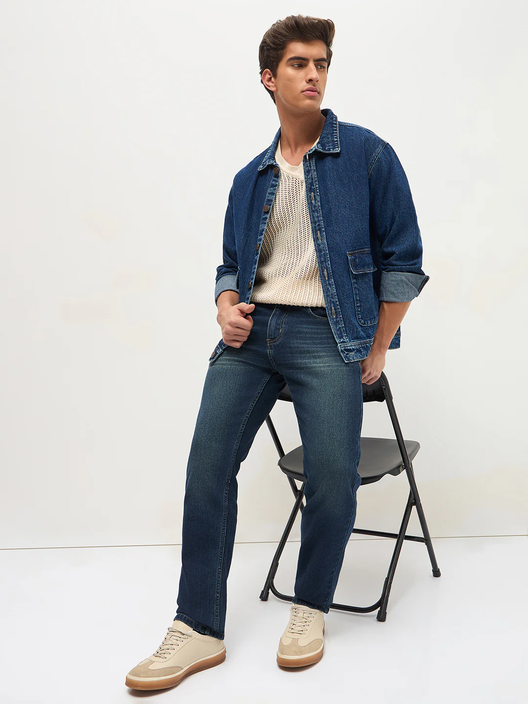 Men's Blue Regular Fit Whisker Wash Yellow Tint Denim Jeans Stretchable - Image 5