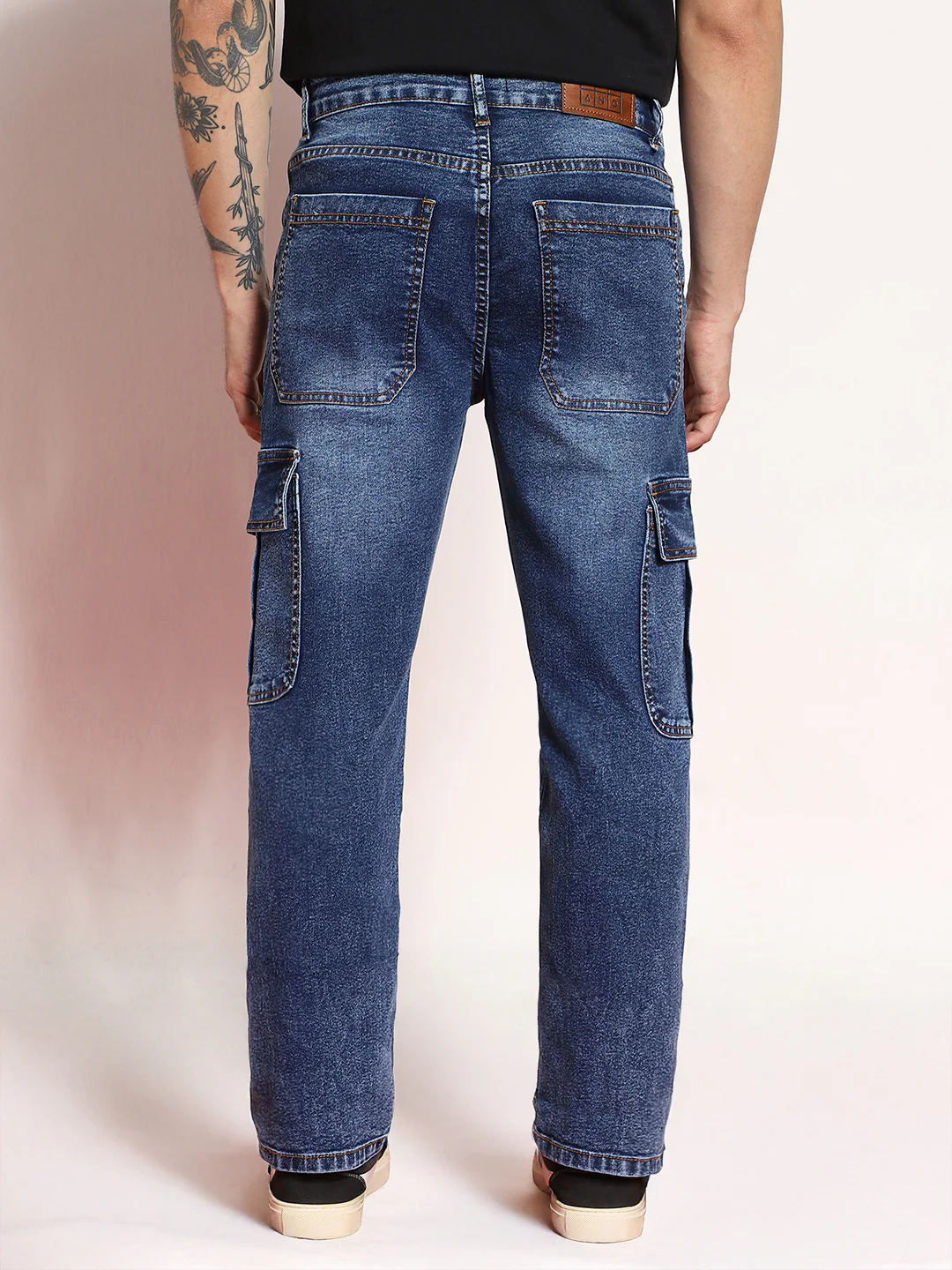Men's Blue Regular Fit Washed Cargo Jeans With 6 Pockets Stretchable - Image 3
