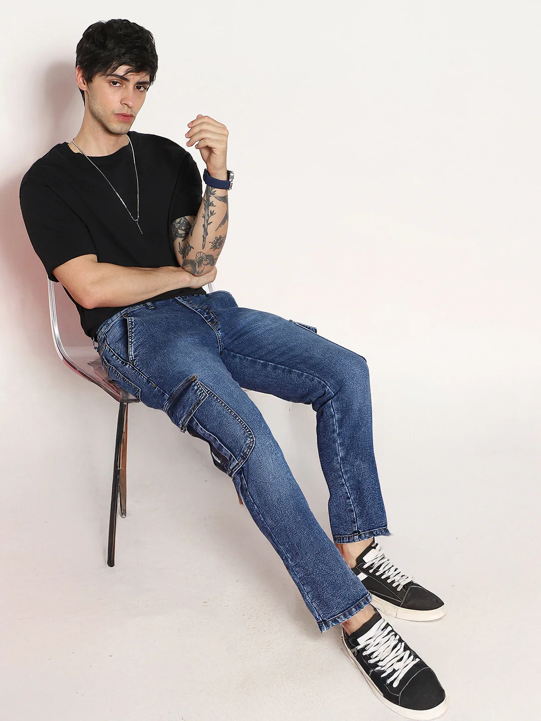 Men's Blue Regular Fit Washed Cargo Jeans With 6 Pockets Stretchable - Image 4