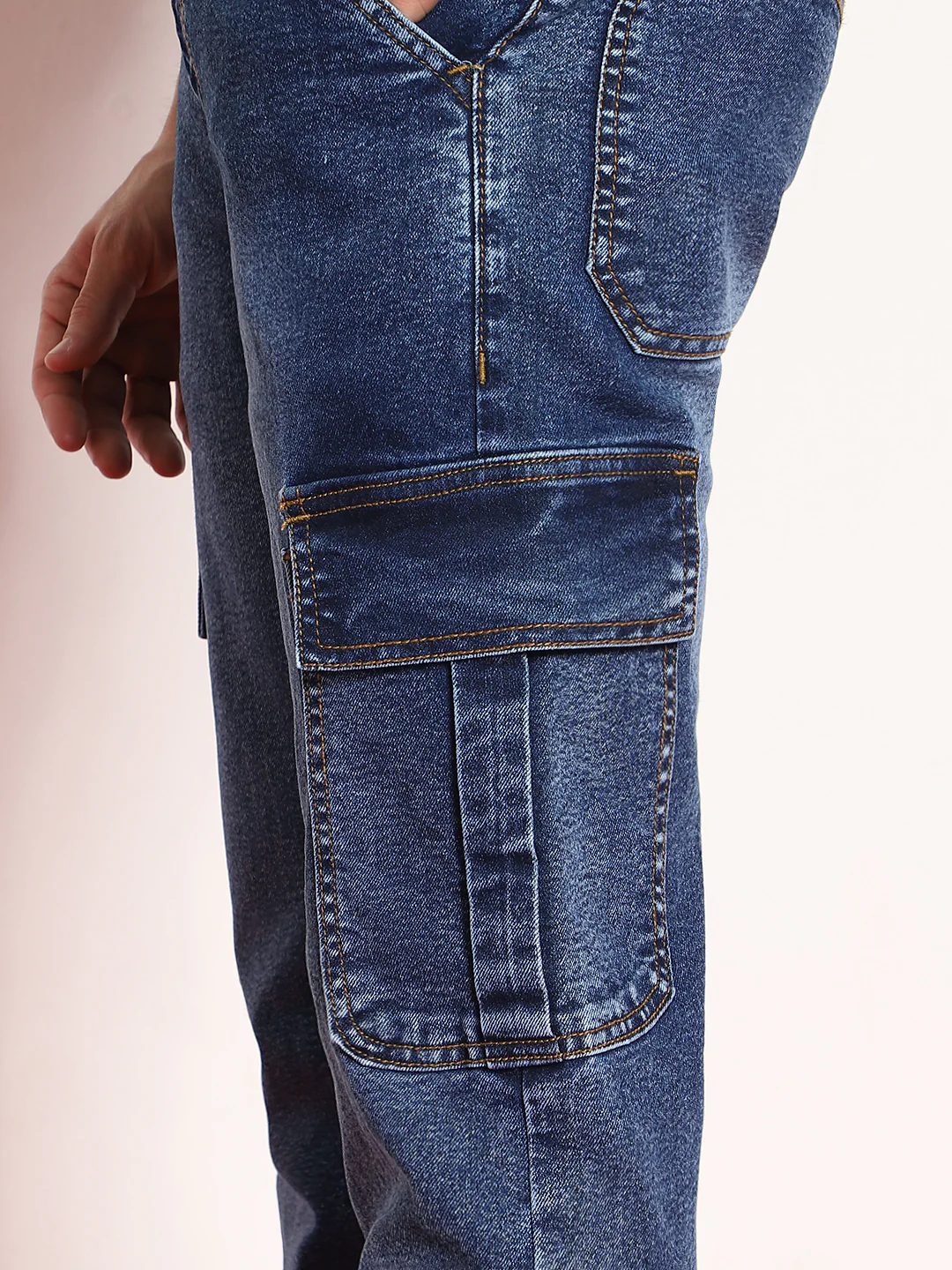 Men's Blue Regular Fit Washed Cargo Jeans With 6 Pockets Stretchable - Image 5