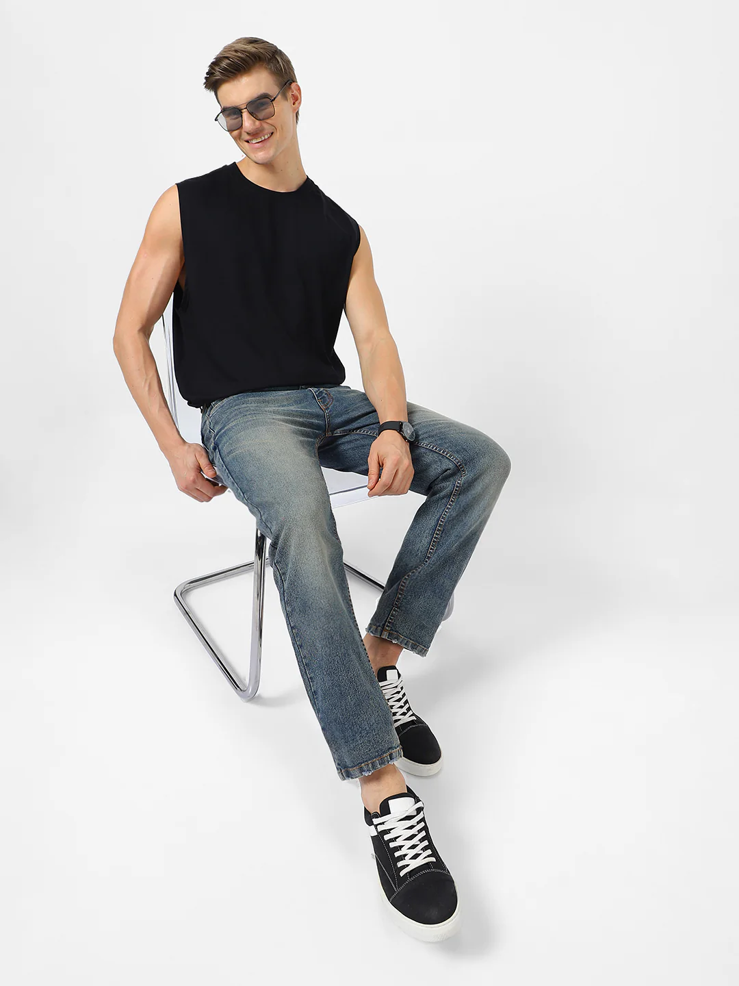 Men's Blue Regular Fit Washed Jeans Stretchable - Image 4
