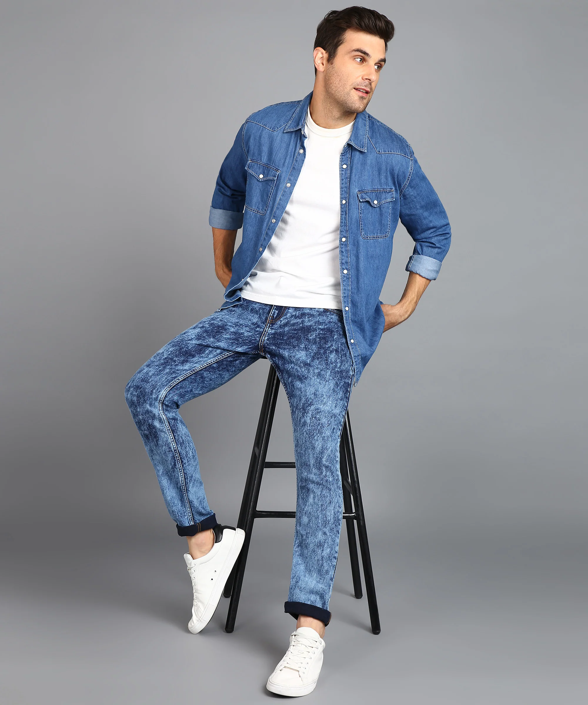 Men's Blue Regular Fit Washed Jeans Stretchable - Image 5