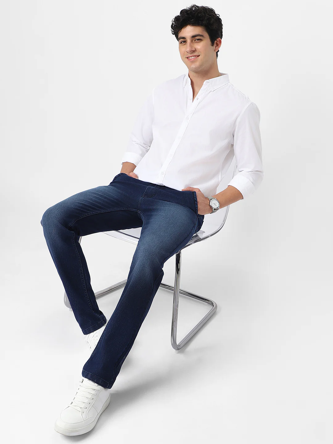 Men's Blue Regular Fit Washed Jeans Stretchable - Image 4