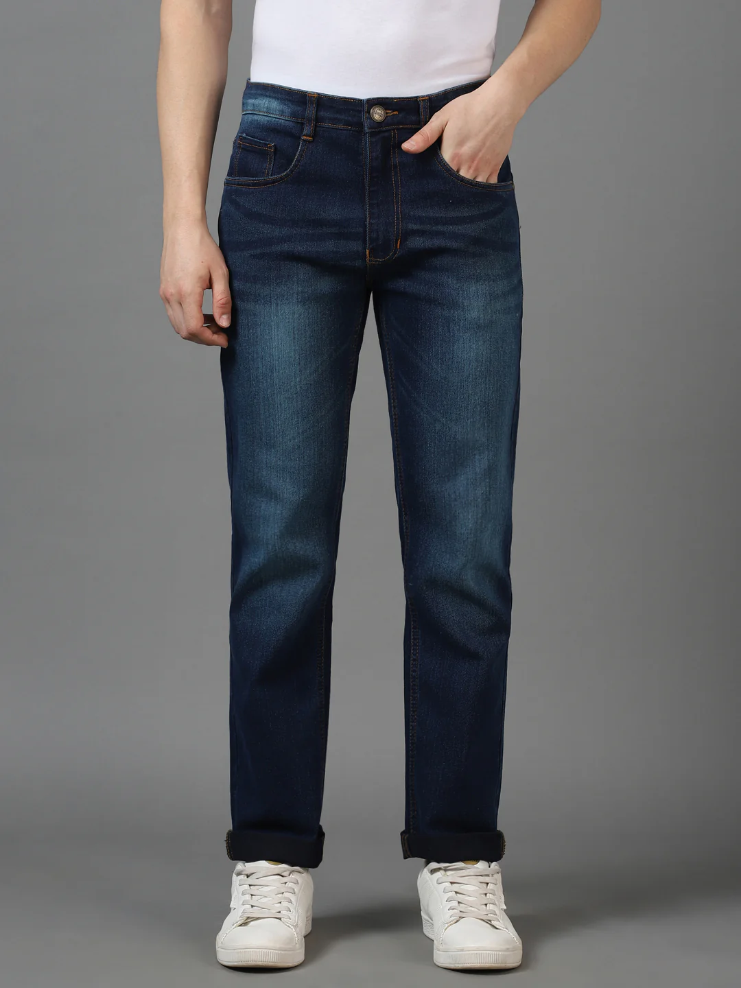 Men's Blue Regular Fit Washed Jeans Stretchable - Image 4