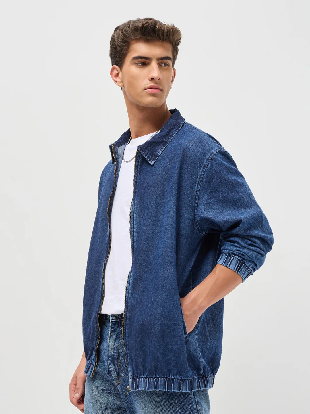 Men's Blue Relaxed Fit Full Sleeve Harrington Denim Jacket - Image 2
