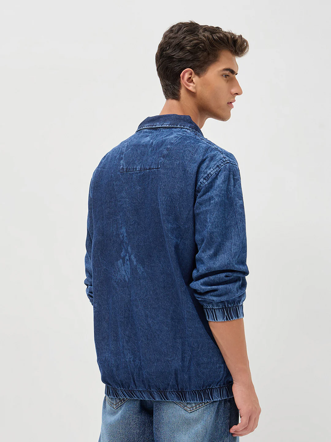 Men's Blue Relaxed Fit Full Sleeve Harrington Denim Jacket - Image 3