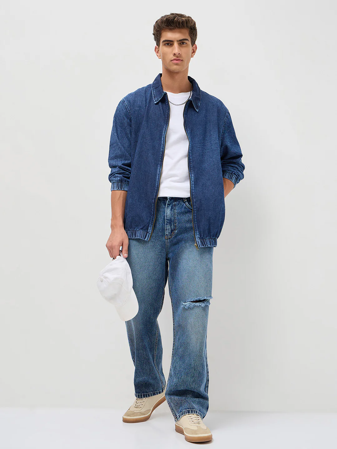 Men's Blue Relaxed Fit Full Sleeve Harrington Denim Jacket - Image 4