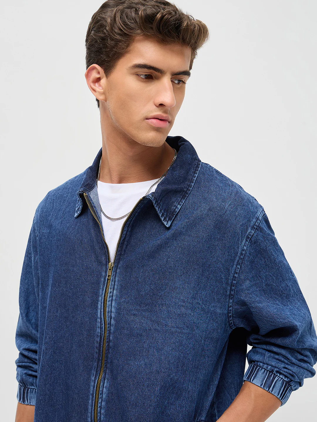 Men's Blue Relaxed Fit Full Sleeve Harrington Denim Jacket - Image 5