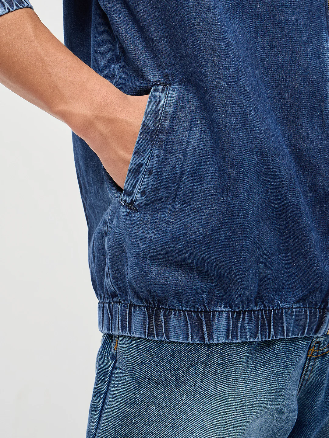 Men's Blue Relaxed Fit Full Sleeve Harrington Denim Jacket - Image 6