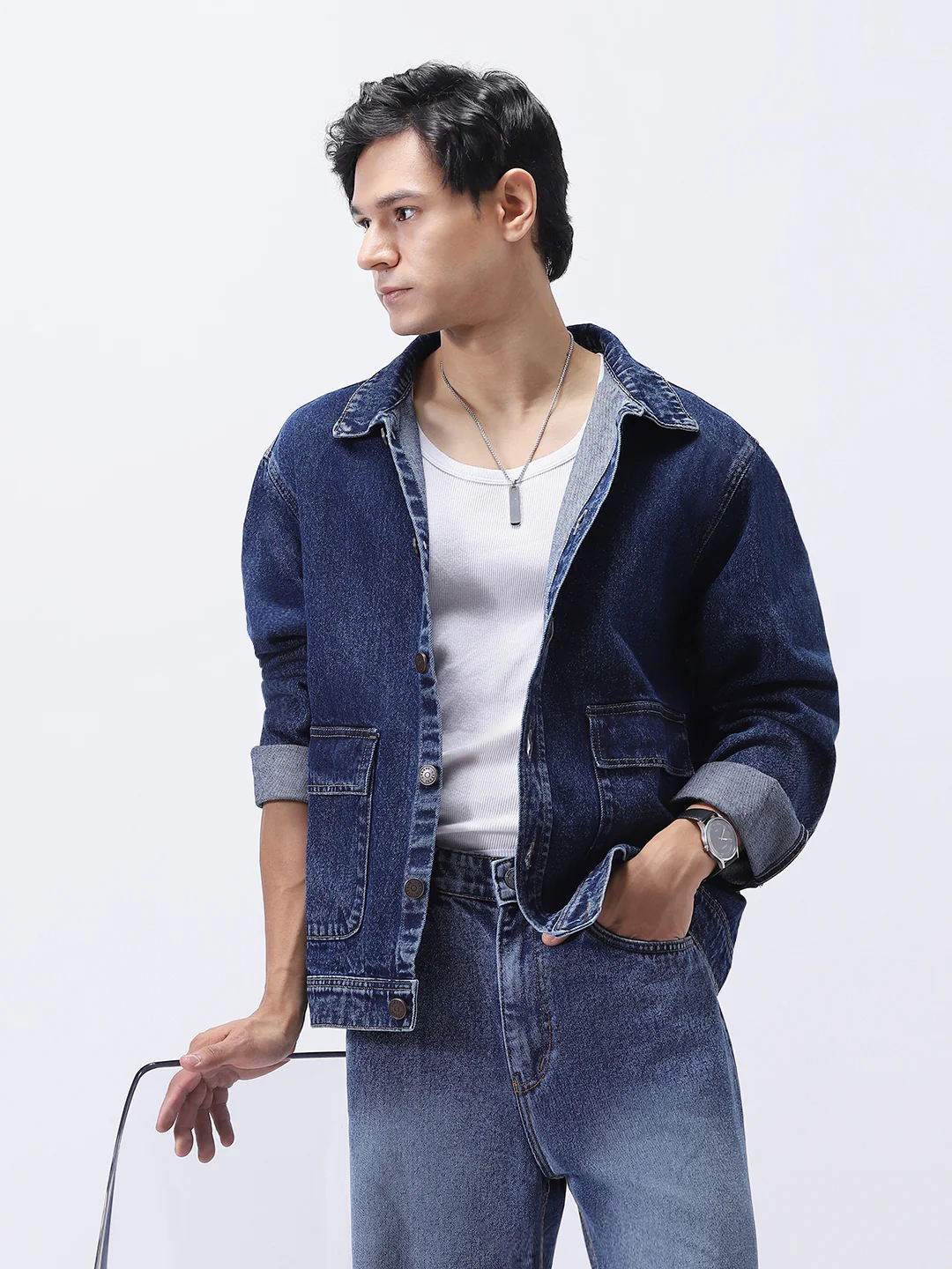 Men's Blue Relaxed Fit Full Sleeve Utility Denim Jacket