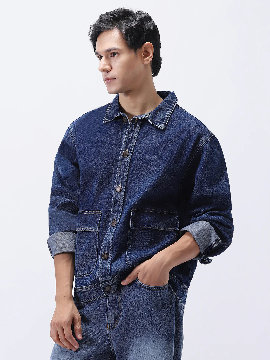 Men's Blue Relaxed Fit Full Sleeve Utility Denim Jacket - Image 2