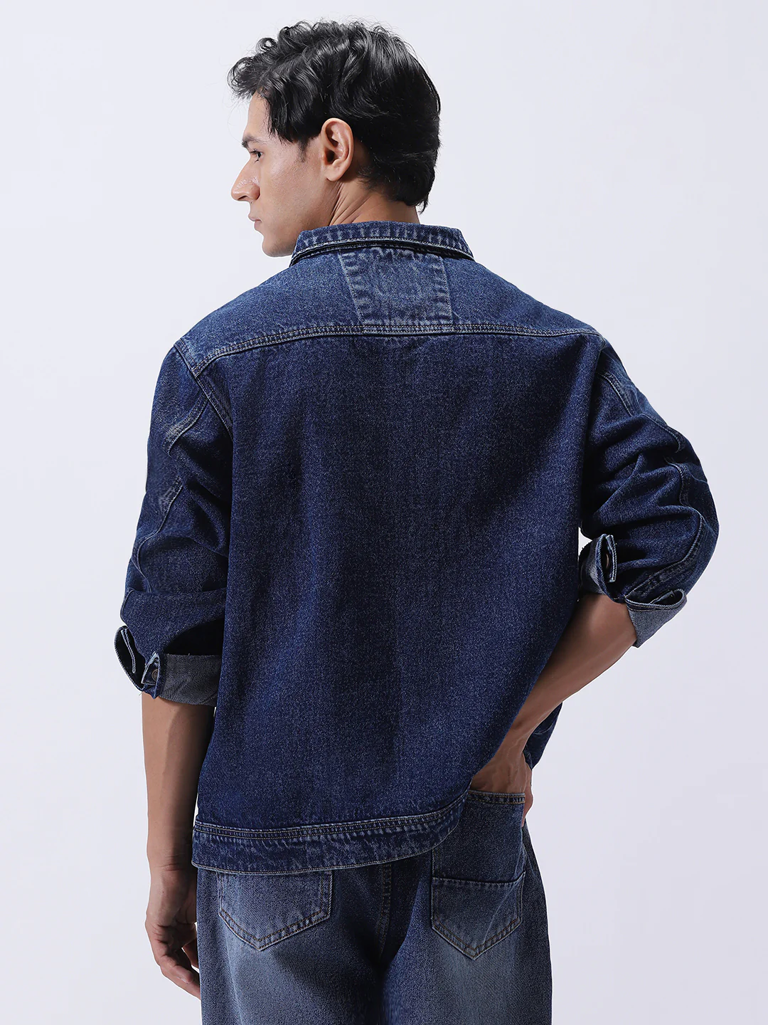 Men's Blue Relaxed Fit Full Sleeve Utility Denim Jacket - Image 3