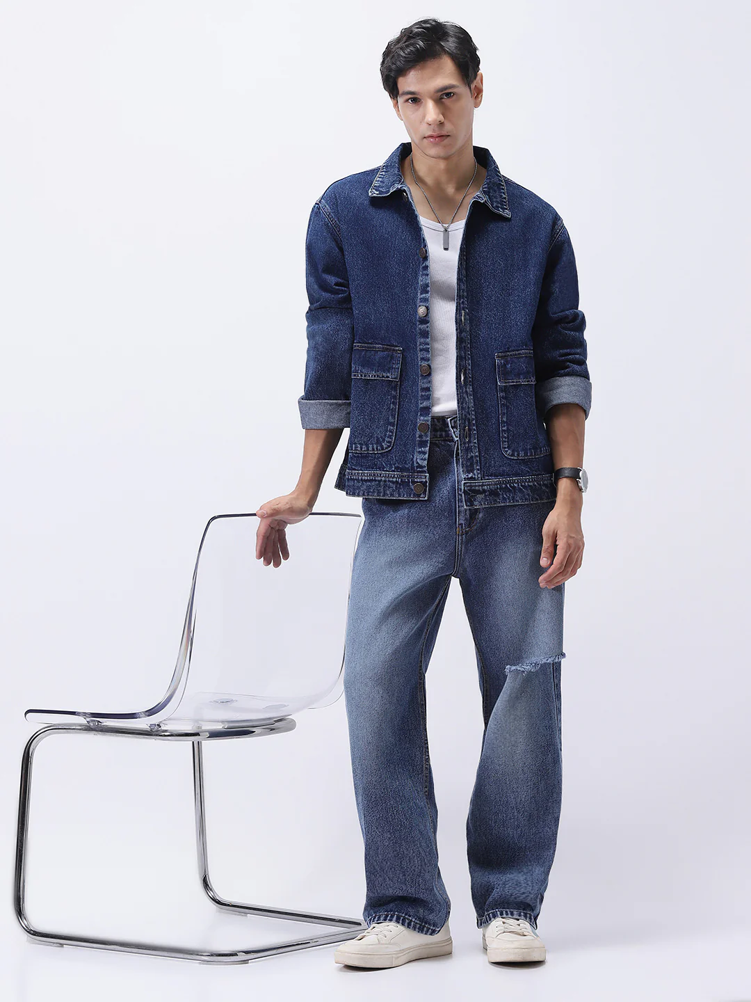 Men's Blue Relaxed Fit Full Sleeve Utility Denim Jacket - Image 4