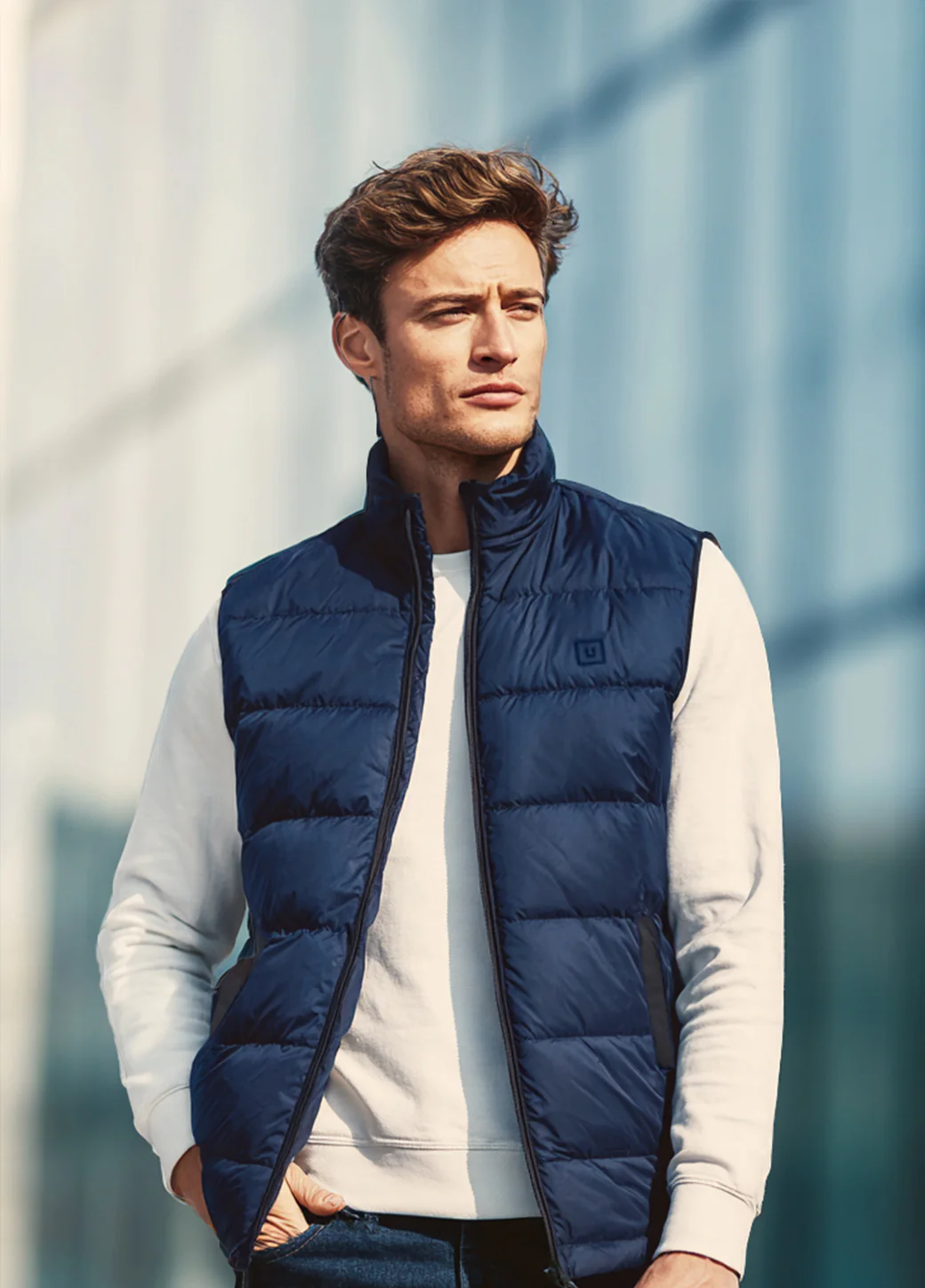 Men's Blue Sleeveless Zippered Puffer Jacket