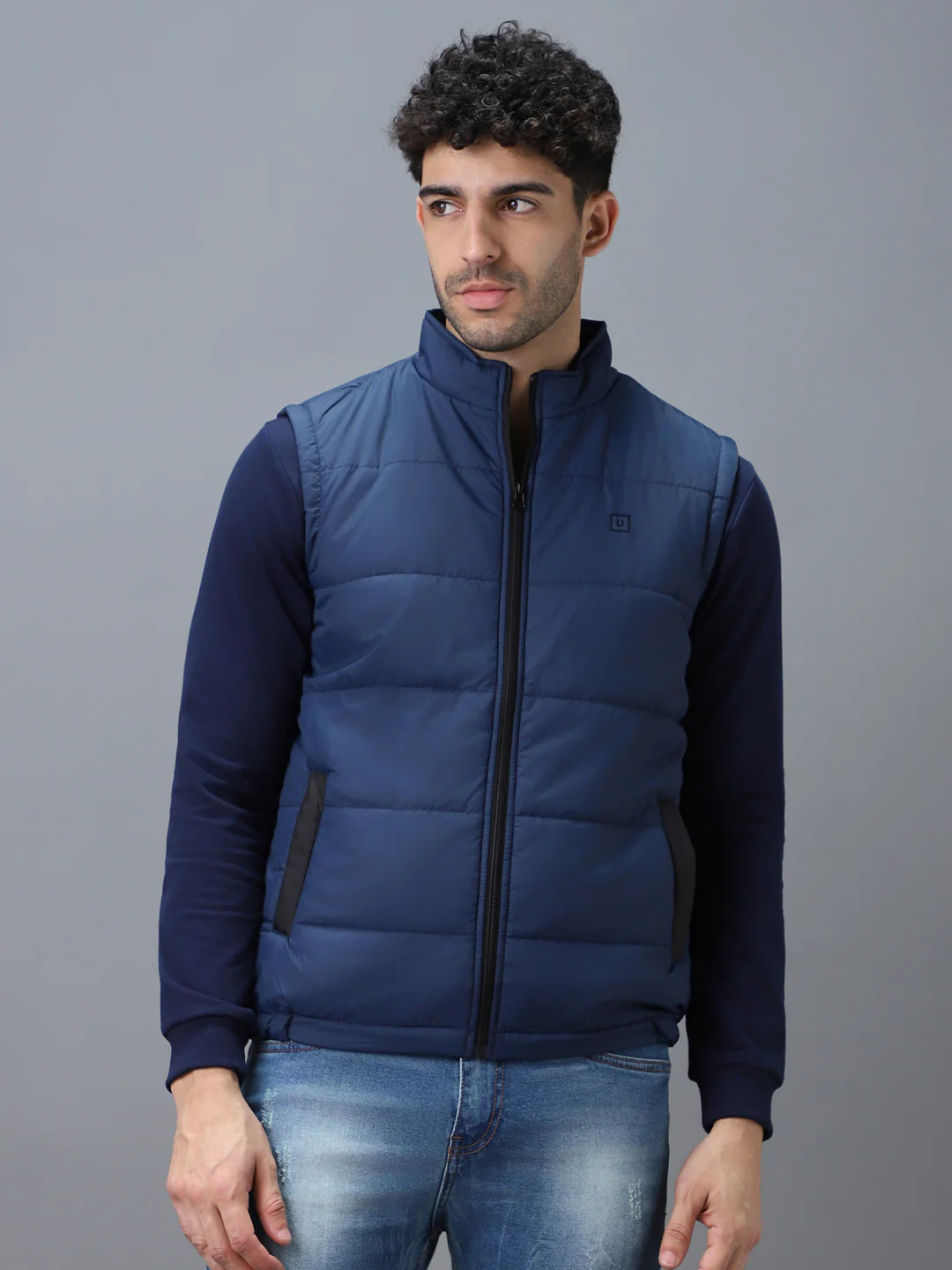 Men's Blue Sleeveless Zippered Puffer Jacket - Image 2