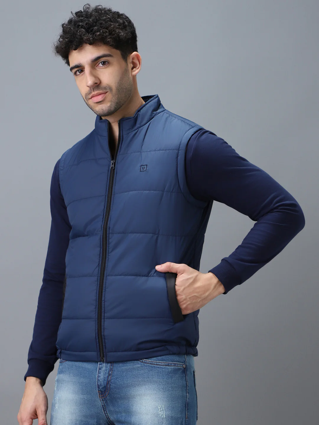 Men's Blue Sleeveless Zippered Puffer Jacket - Image 3