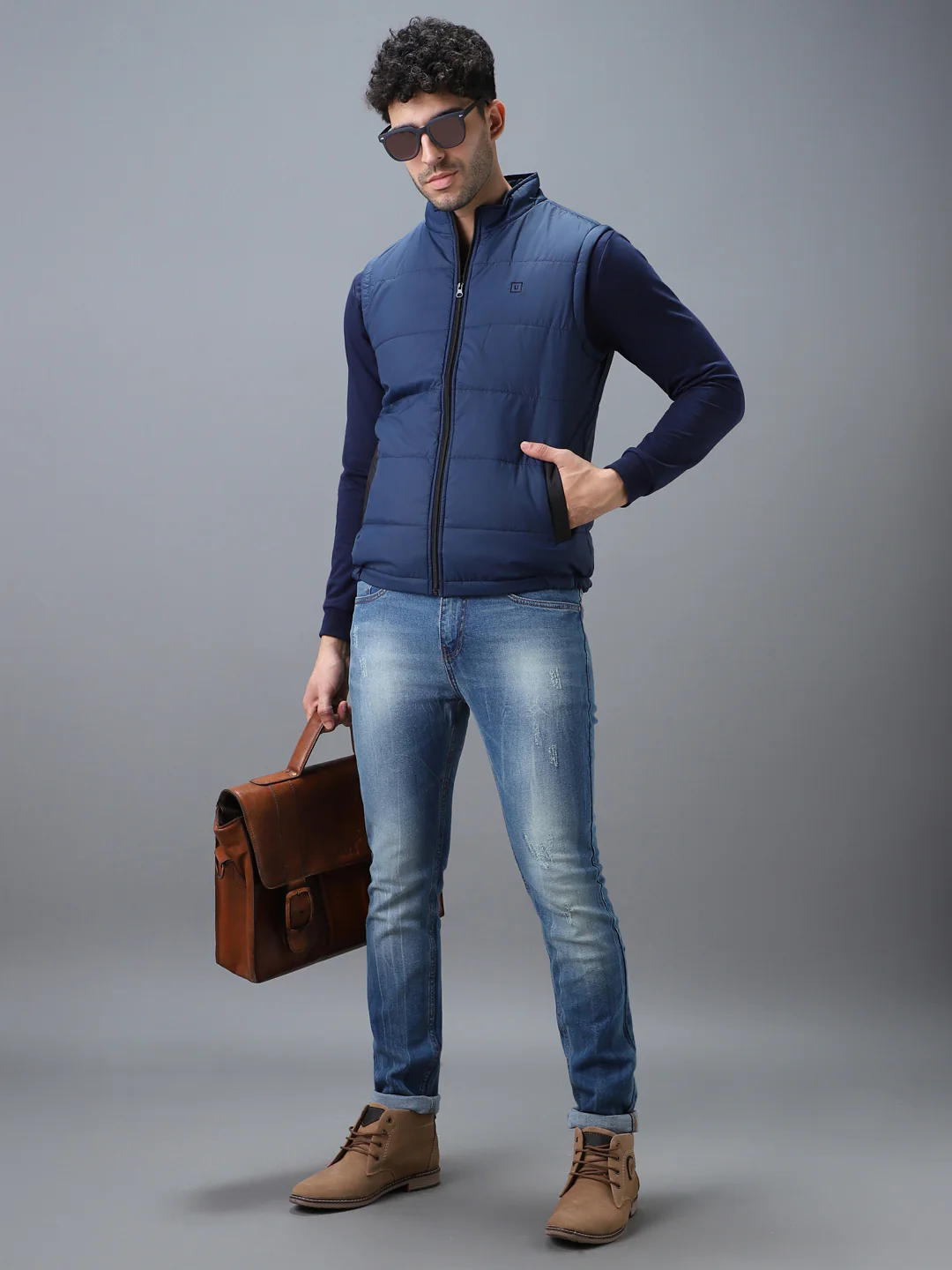 Men's Blue Sleeveless Zippered Puffer Jacket - Image 5